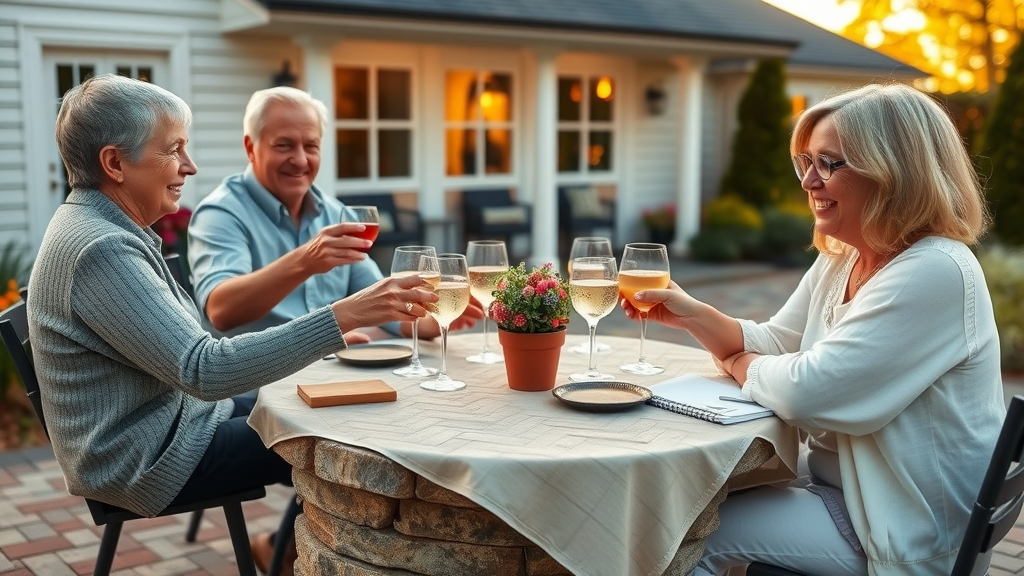 Elegant belgium block patio with homeowners entertaining guests in Milford CT, natural stone colors at golden hour