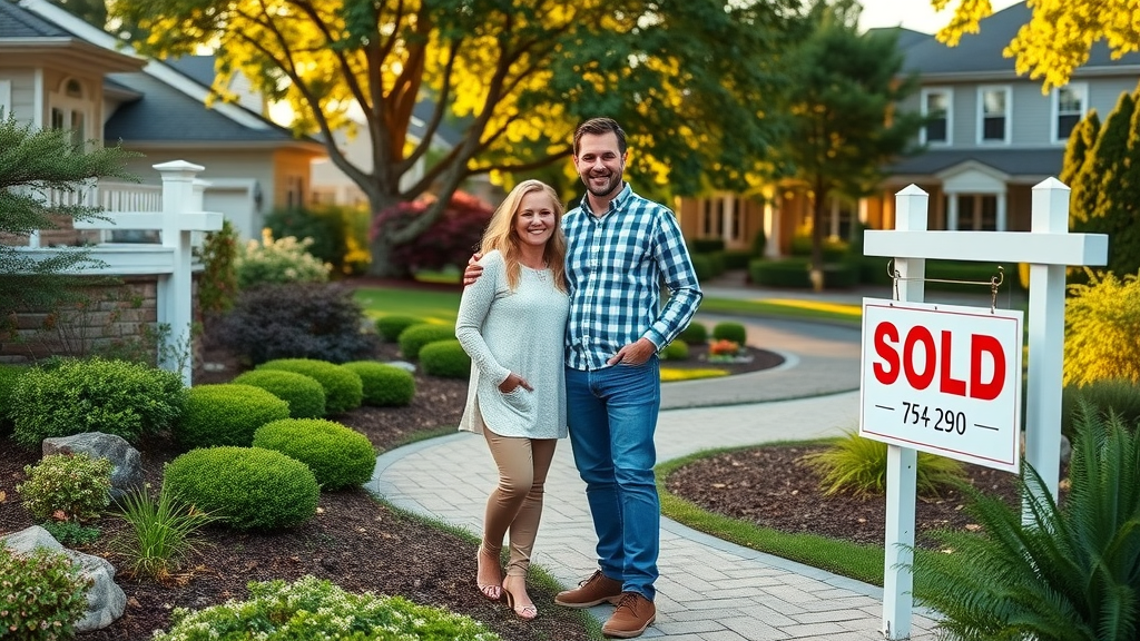 Beautifully landscaped yard, paver patio boosting curb appeal of Milford CT home, couple standing near sold sign