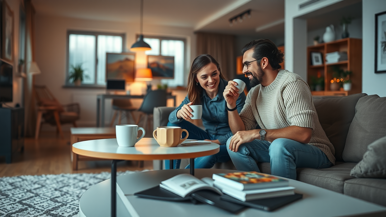 contemporary living room with sectional sofa coffee table discount furniture online Farmington CT couple enjoying coffee