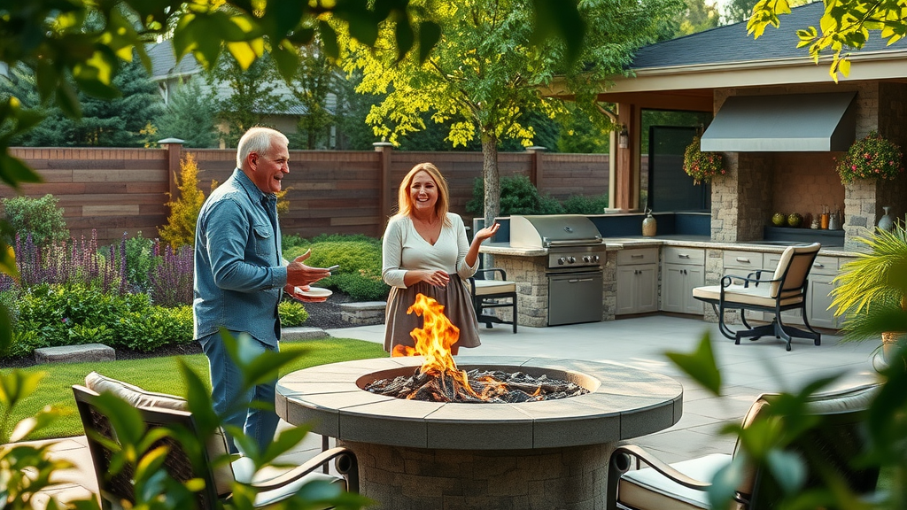 Outdoor living transformation in Milford CT: family on new patio, grilling at custom outdoor kitchen, lush garden backdrop