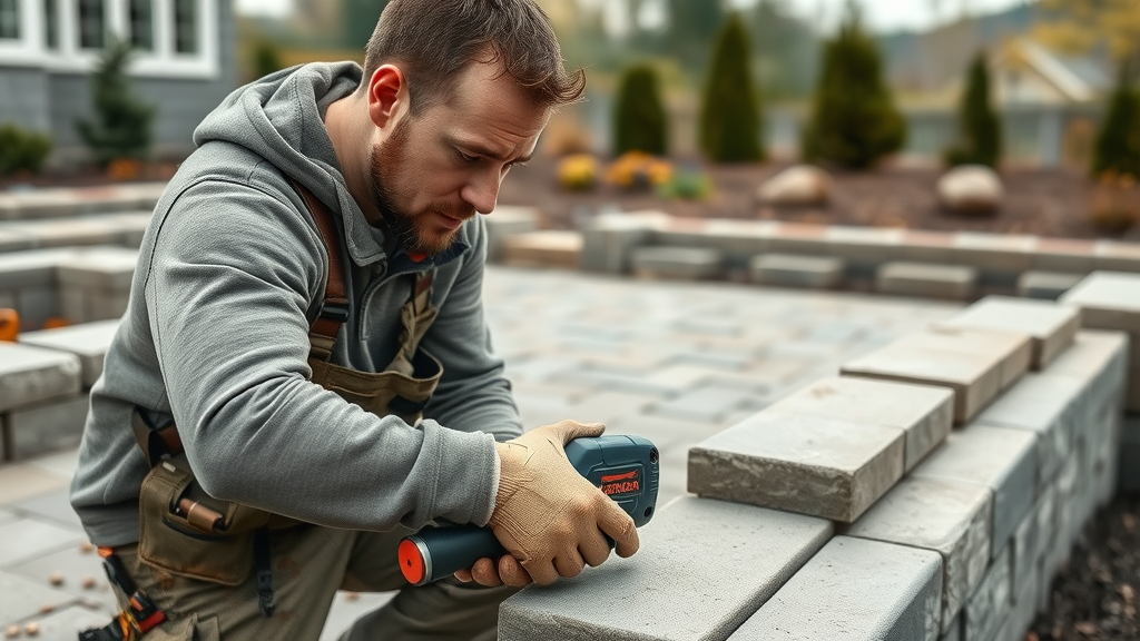 Modern hardscape project with contractor installing stone pavers and retaining walls in Milford CT, detailed textures and professional tools