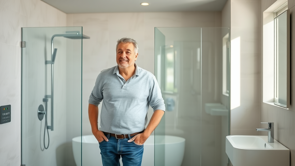 Modern bathroom renovation by bathroom remodel contractors bristol ct, middle-aged couple enjoying their new contemporary bathroom space