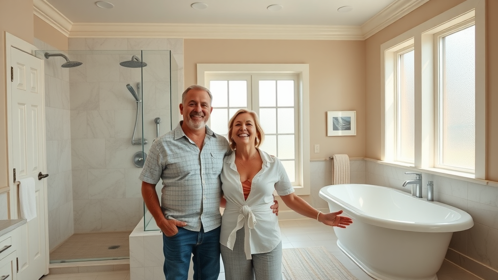 Remodeled spa-inspired master bathroom by Bristol bathroom remodel contractors, cheerful couple admiring rain shower and freestanding tub