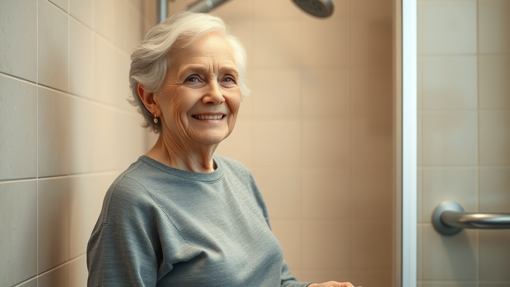 Accessible senior-friendly bathroom remodel in Bristol CT, elderly woman safely entering walk-in shower with grab bars
