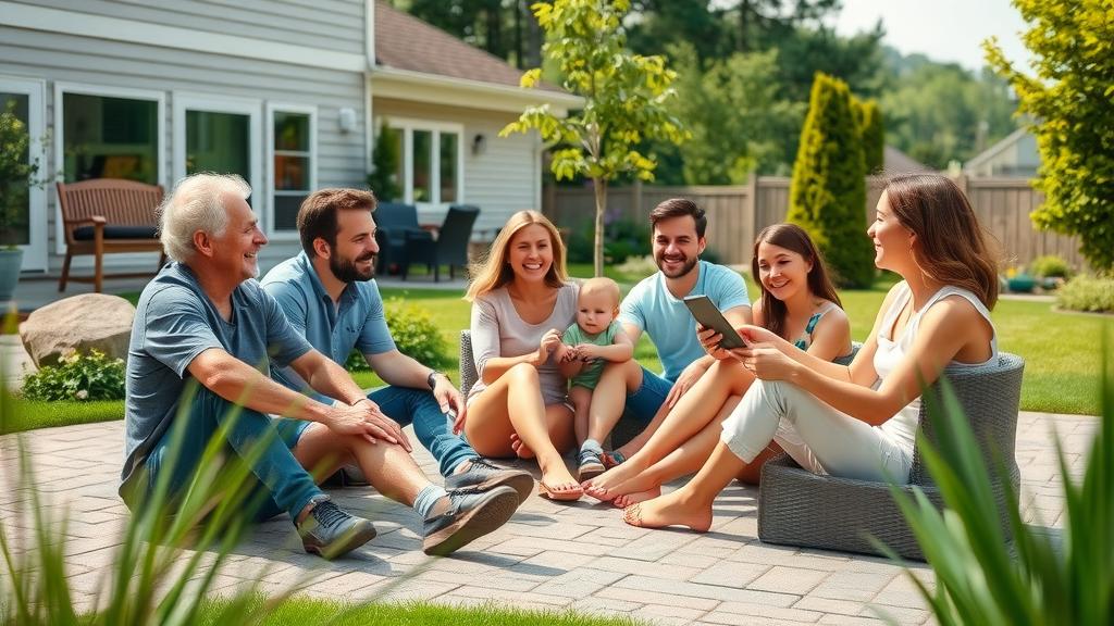 Inviting residential backyard, joyful family relaxing on a custom paver patio in Milford CT, lush landscaping and clear sky