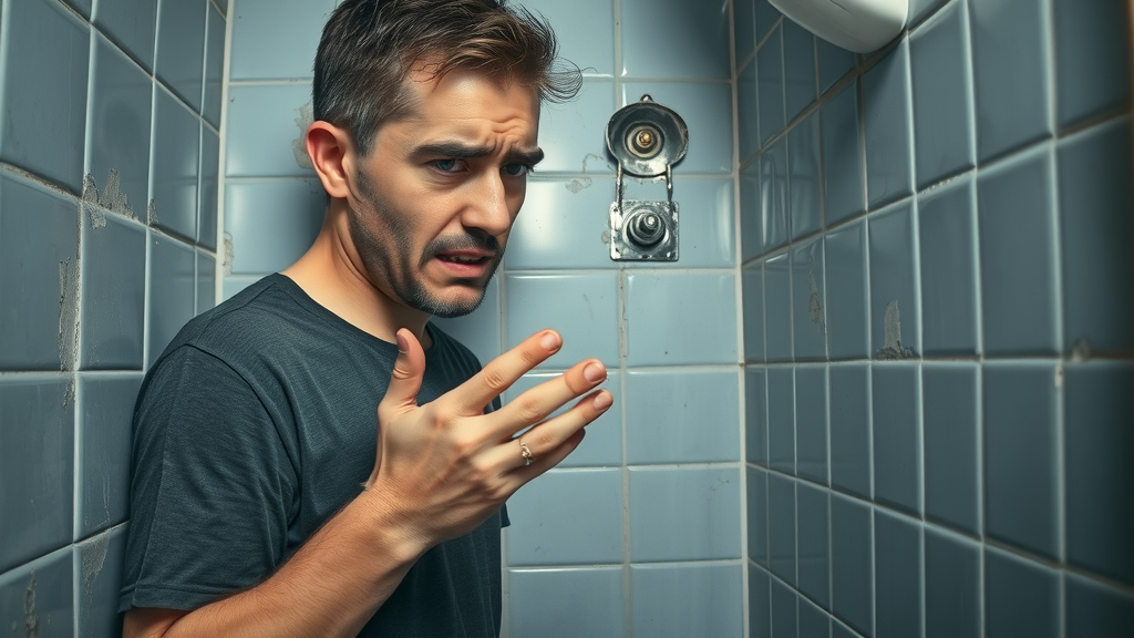 Outdated Bristol bathroom with visible water damage, young frustrated homeowner inspecting tiles and minor mold