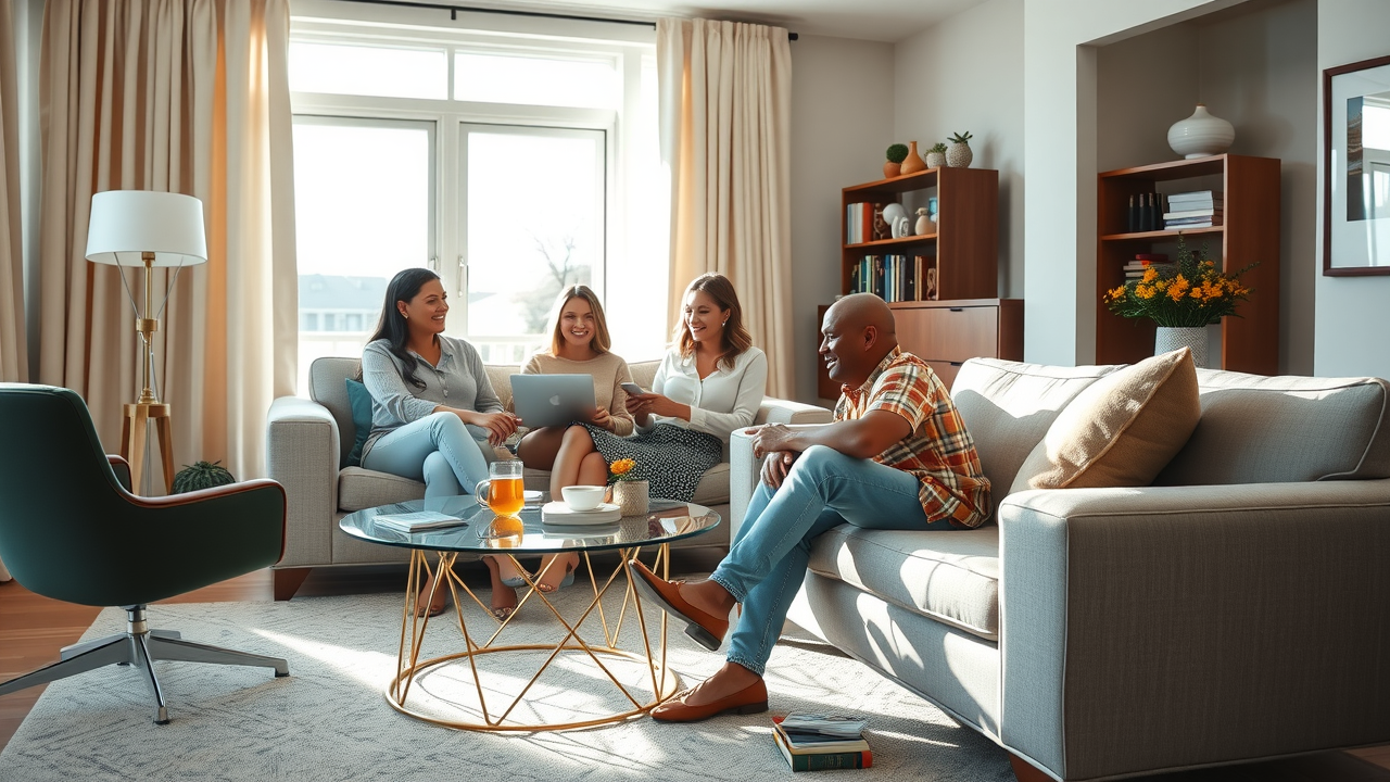 modern living room with affordable discount furniture online in Farmington CT, cheerful family, sunlight streaming through windows, stylish design