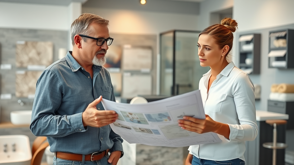 bathroom remodel contractors wallingford ct discussing renovation plans with attentive homeowner in modern showroom, tile samples in background, sharp focus, natural daylighting