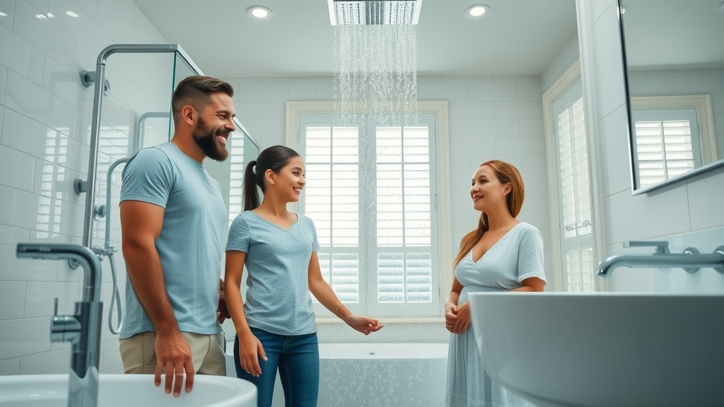 luxurious remodeled bathroom with satisfied family admiring modern fixtures, crisp whites, blue tones, water cascading from new rain shower in Wallingford CT home