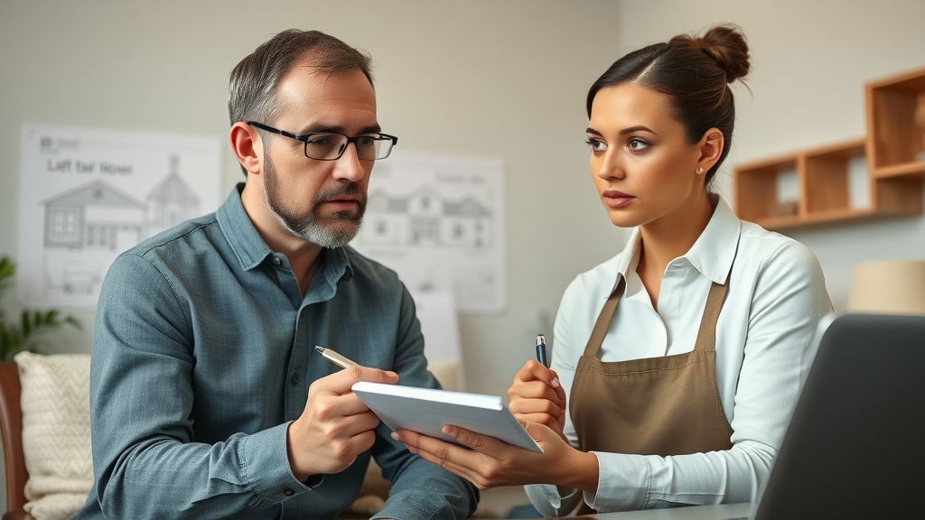 focused homeowner interviewing bathroom remodel contractor wallingford ct, taking notes, design blueprints and laptop in background