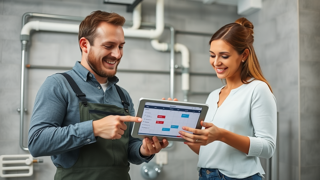 professional contractor and homeowner reviewing bathroom remodeling progress on tablet at Wallingford CT project site, exposed pipes, new tiling, digital schedule