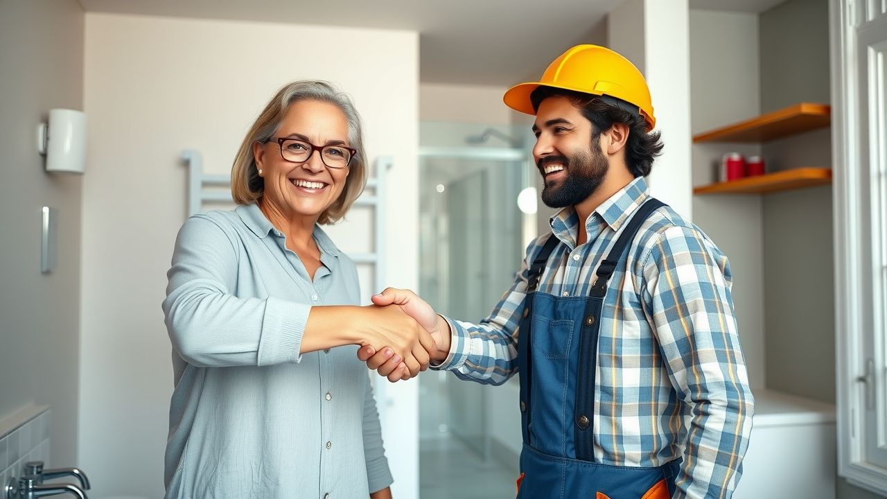 confident homeowner shaking hands with reliable bathroom remodel contractor Wallingford CT, agreement made, completed bathroom in background