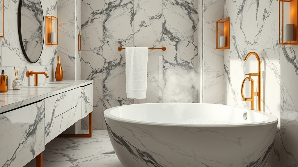 Opulent bathroom materials in Meriden CT, marble countertops, quartz vanities, custom tile, and metallic accents