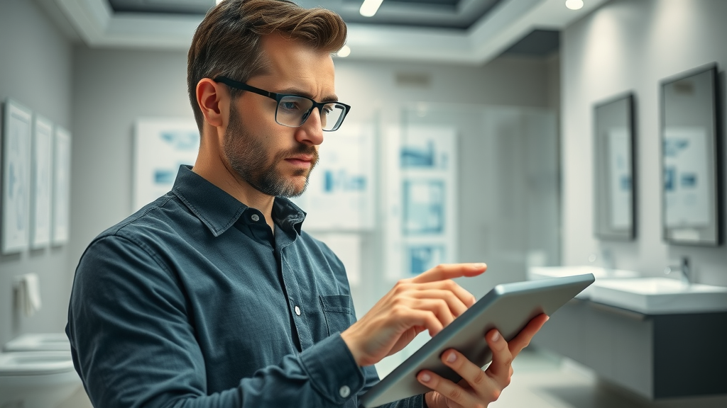 Luxury bathroom designer in Meriden CT using a digital tablet to plan dream bathroom remodel