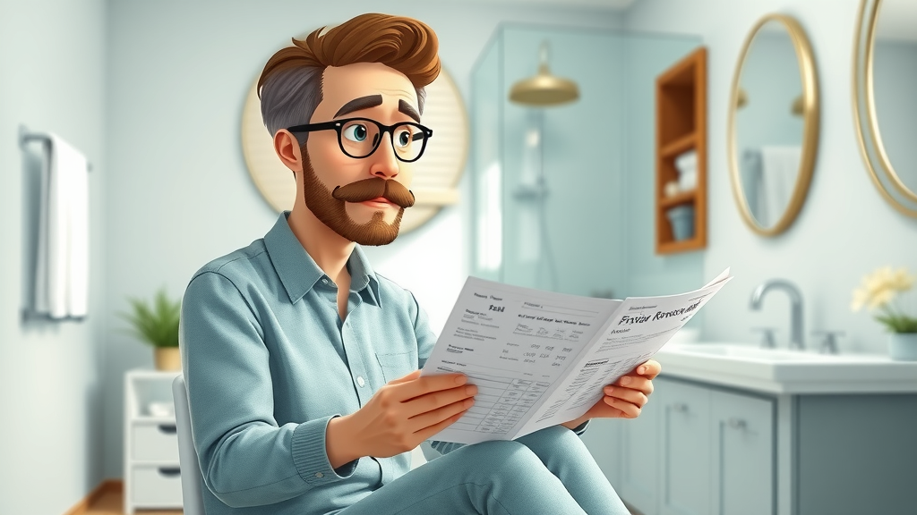 Homeowner reviewing luxury bathroom remodel costs and samples in Meriden CT, modern bathroom setting