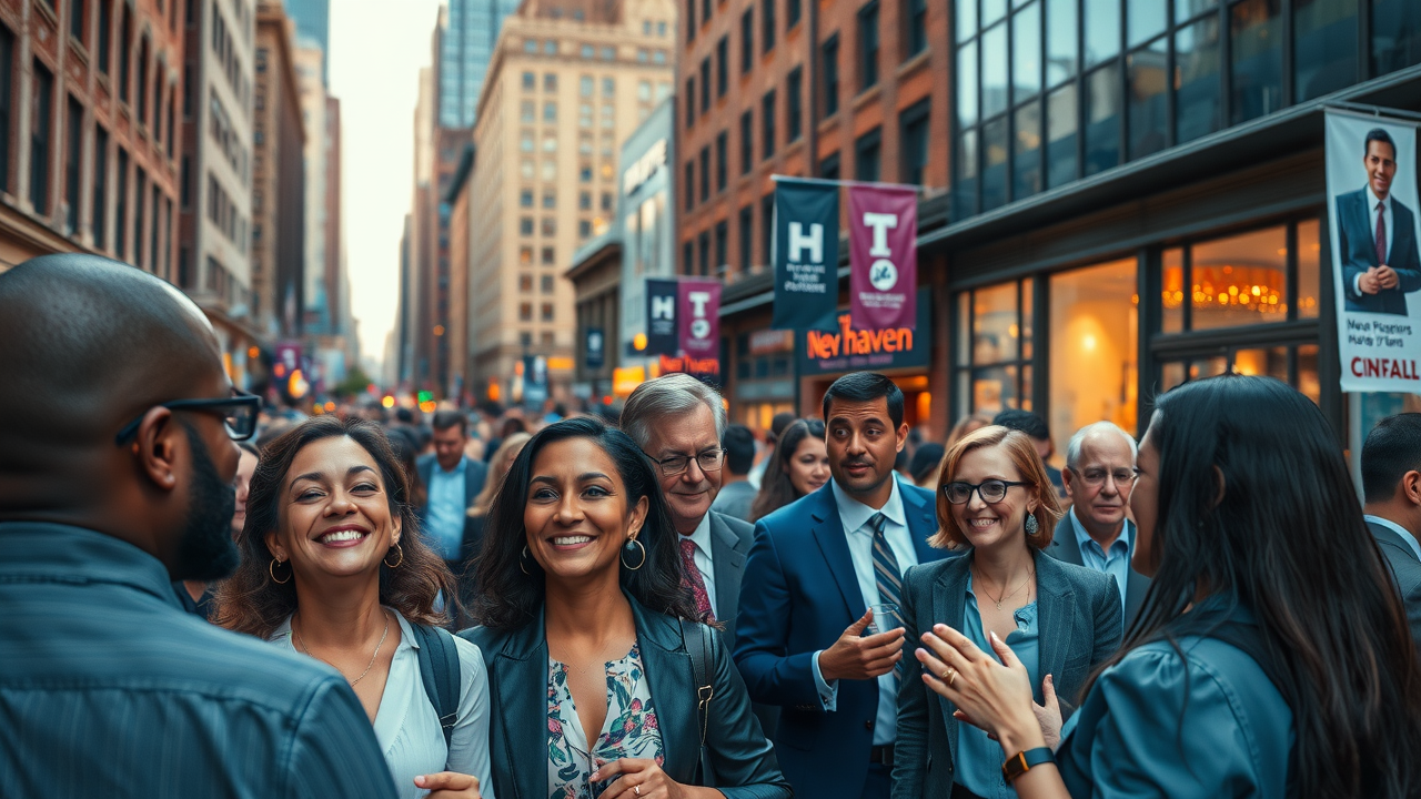 Dynamic downtown New Haven business event with diverse professionals networking outdoors near iconic city buildings