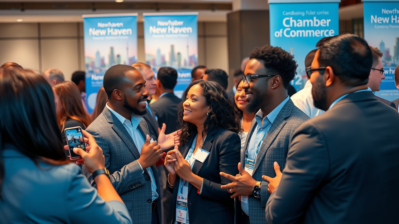 Vibrant professional networking scene at Chamber of Commerce event in New Haven, diverse business people engaging in lively conversations