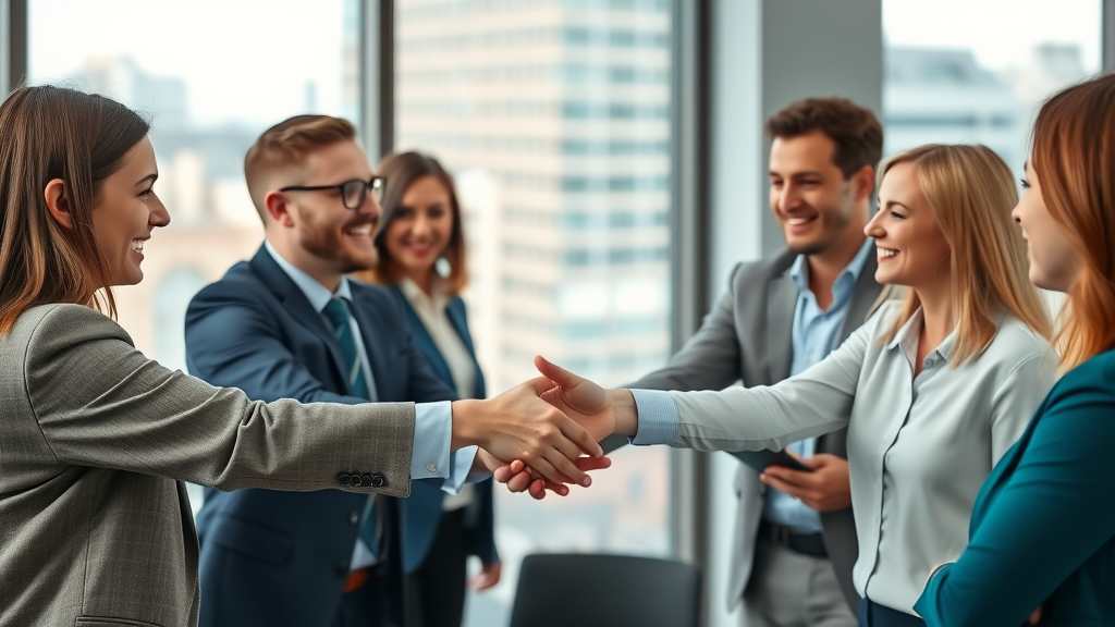 Collaborative group of professionals exchanging business cards and handshakes at a conference with New Haven cityscape