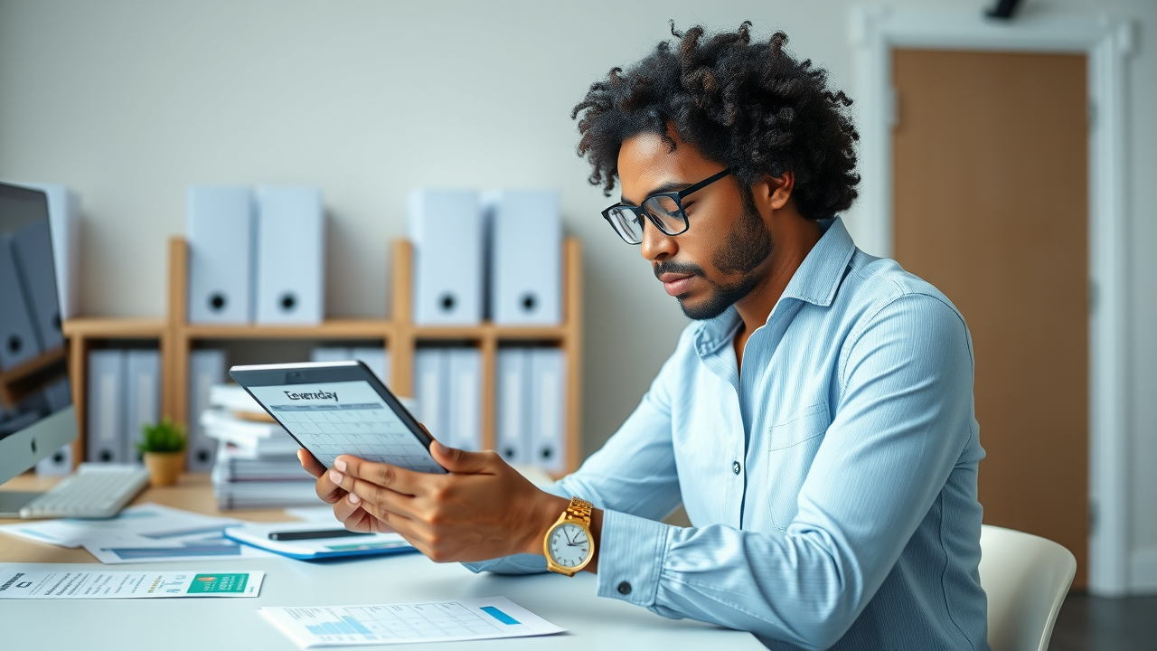 Organized business professional reviewing New Haven Chamber of Commerce event calendar on tablet in modern office