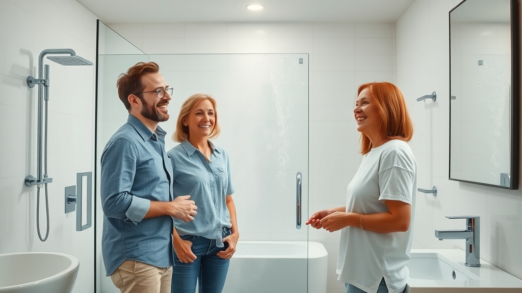 modern residential bathroom inviting ambiance, bathroom remodel contractors woodbridge ct, smiling homeowners admiring remodel, displaying luxurious finishes, bright and spotless bathroom interior with glass shower and custom fixtures, natural daylight, steam rising, water droplets on spotless glass, highly detailed
