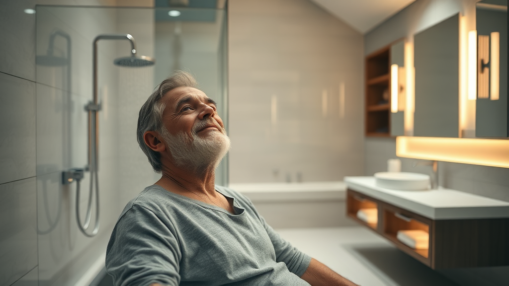 luxurious remodeled bathroom, tranquil expression, relaxing in modern space, bathroom remodel contractors woodbridge ct, updated amenities, elegant bathroom with rain shower, floating vanity, LED lighting, steam from shower creating soft reflections, neutral tones, ambient lighting, highly detailed