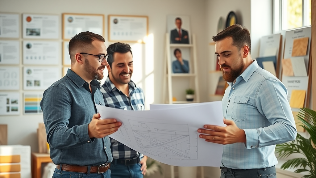 professional contractors discussing plans, bathroom remodel contractors woodbridge ct, reviewing blueprints and material samples, home office with credentials, highly detailed, sunlight, color-coordinated boards, natural lighting