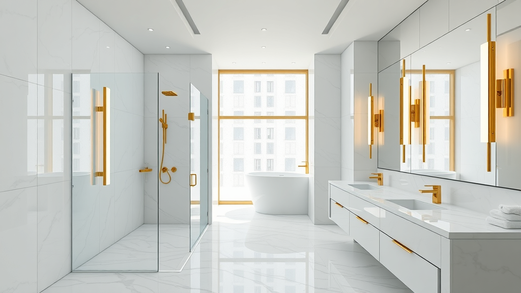 sleek modern bathroom, fresh appearance, bathroom remodel contractors woodbridge ct, focusing on luxurious walk-in shower, gold fixtures, marble countertops, spacious bathroom, backlit mirrors, polished stone, daylight