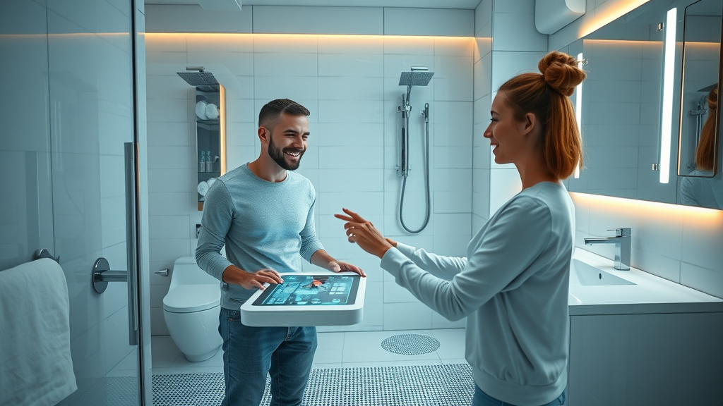 futuristic bathroom upgrades, bathroom remodel contractors woodbridge ct, cheerful couple with high-tech features, smart mirror, heated flooring, modern high-tech bathroom, glowing touch screen interface, LED mood lighting, chrome and cool neutrals